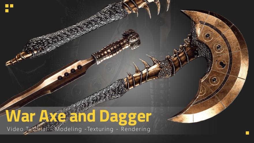 Blender斧子匕首建模贴图材质渲染教程 FlippedNormals – Axe & Dagger – Tutorial Full Process