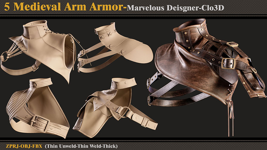 中世纪皮革护肩3D模型 Artstation – 5 Medieval Arm Armor Marvelous Designer-Clo3D