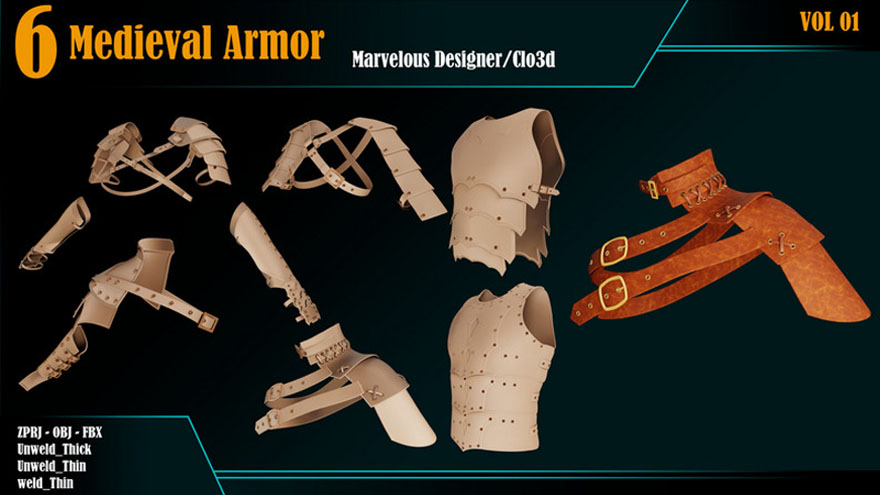皮革护肩护甲3D模型 Artstation – 6 Medieval Armor VOL.01