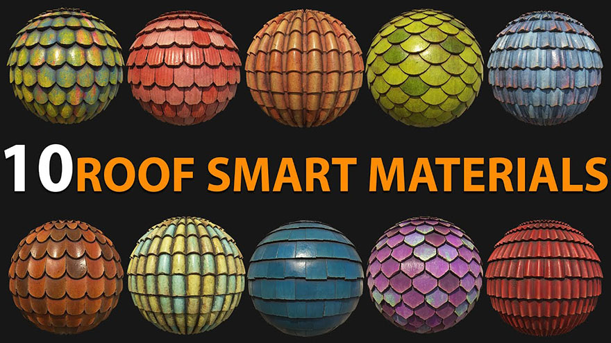 Substance Painter屋顶智能材质预设 Artstation – 10 Roof Smart Materials