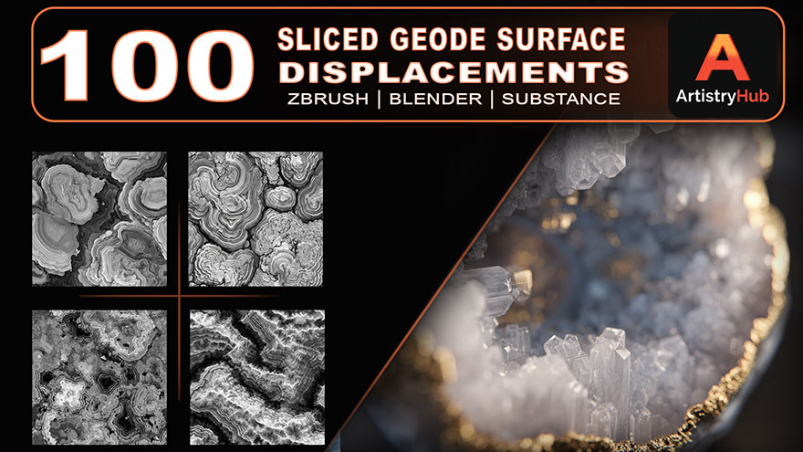 切割玉髓表面深度位移贴图素材 Artstation – 100 Sliced Geode Surface Displacement Maps