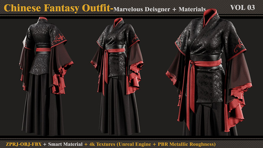 中国风女性古装服装3D模型 Artstation – Chinese Fantasy Outfit-FEMALE vol 03