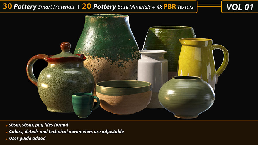 陶器罐子贴图素材 Artstation – 20 Pottery 4k PBR Textures Vol.01