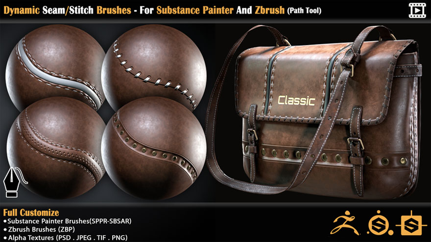 SP+ZB动态缝线笔刷预设 Artstation – Dynamic Seam Stitch Brushes – For Substance Painter And Zbrush