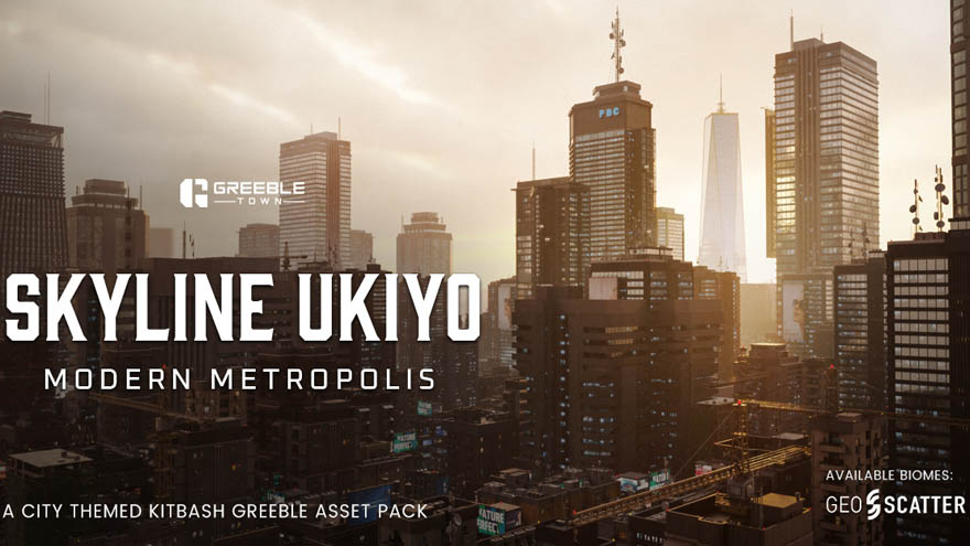 现代城市楼房建筑高楼大厦资产预设 Greeble Town - Skyline Ukiyo Modern Metropolis Modern Cities Kitbash Greeble As